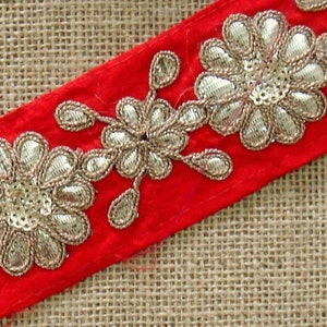 india fabric trim, gold gota patti flowers, indian lace, red lace, embroidered ribbon, indian borders, sari borders, floral border - Lace192