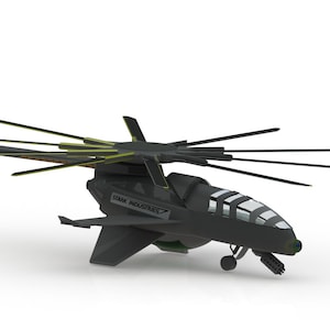 Può includere: Un modello di elicottero grigio scuro con più pale del rotore e un design elegante. Il modello presenta il testo "STARK INDUSTRIES" sul lato. L'elicottero ha un abitacolo dettagliato e un carrello di atterraggio.