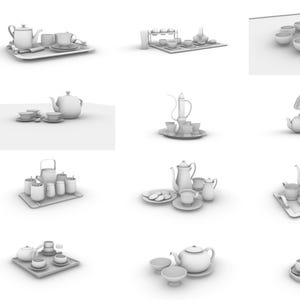 Könnte beinhalten: Eine Sammlung weißer Keramik-Teesets, die jeweils auf Tabletts oder Oberflächen angeordnet sind. Die Sets umfassen Teekannen, Tassen, Untertassen und Zuckerdosen. Einige Sets enthalten Servierplatten. Das Bild zeigt verschiedene Tee-Service-Arrangements.