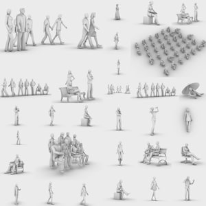 Könnte beinhalten: Eine Sammlung weißer 3D-gerenderter Figuren, die verschiedene Posen und Aktivitäten darstellen. Zu den Figuren gehören Menschen, die gehen, sitzen, stehen und in Gruppen interagieren. Einige Figuren sitzen auf Bänken oder Stühlen, andere sind allein.