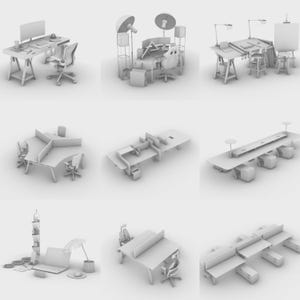 Puede incluir: Una colección de diseños de escritorios de oficina, renderizados en un estilo monocromático. Los escritorios incluyen configuraciones de computadora, mesas de dibujo y estaciones de trabajo colaborativas, mostrando una gama de muebles de oficina modernos.
