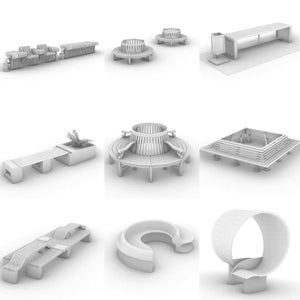 Peut inclure: Divers modèles de bancs extérieurs blancs. Les bancs présentent des designs variés, droits, courbes et circulaires, certains avec des jardinières ou des poubelles intégrées. Les designs sont modernes et minimalistes, adaptés aux espaces publics.