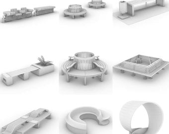 Utomhusmöbler och sittplatser för allmänheten - 10 designmodeller | STL- och Rhino 3DM-filer för landskaps- och arkitekturdesign