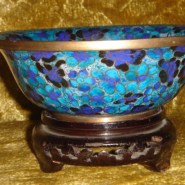 Vintage 80's 90's Chinese Cloisonne Bowl and Wood Stand Blues and Turquoise