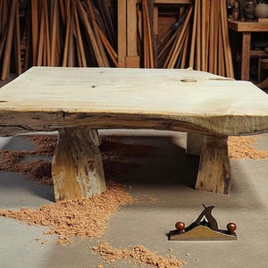 May include: A large, unfinished wooden table with a rectangular top and four thick, natural-looking legs. Sawdust is scattered around the base. A woodworking plane with red knobs sits nearby. The table is approximately 60 inches long.