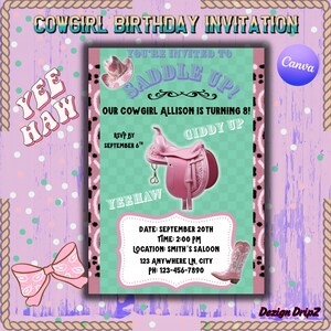 Pink Western Birthday Invitation | Cowgirl Rodeo Party Invite Template | Editable Canva Design | Girls Wild West Theme | Instant Download