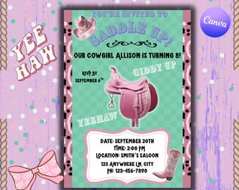 Pink Cowgirl Birthday Invitation: Western Rodeo Party, Editable Canva Template (Digital Download)