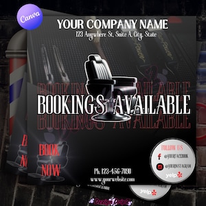 May include: A black and red advertisement for a barbershop with the text "BOOKINGS AVAILABLE." The image features a barber chair and the company's contact information. The background is a brick wall.
