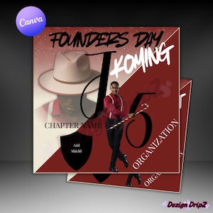 May include: A red and white graphic design for an organization's Founders Day event. The design features a man in a red shirt and black pants, a hat, and the text "Founders Day Koming". Includes space for a chapter name and shield.