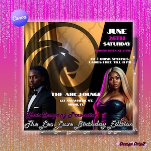 Leo Birthday Luxe Flyer Template | Gold Black Zodiac Party Invitation | Club Event Canva Template | Editable Leo Season Bash Invite