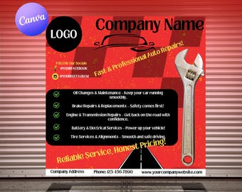 Mechanic Flyer Template: Editable Auto Repair Ad (Canva, Digital Download 1080x1080px)