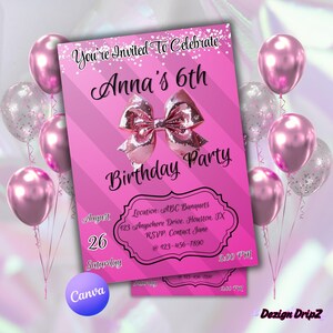 Editable Pink Bow Invitation | Pink Coquette Bow Invitation | Girl Birthday Invite | Canva Template | Instant Download| Printable Design