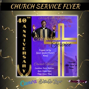 Purple and Gold Church Anniversary Flyer Template | Editable Canva Design | Elegant Religious Event Program |Church Celebration Invite
