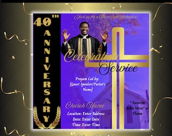 Könnte beinhalten: Ein lila-goldener Flyer für den Gottesdienst mit dem Text "CHURCH SERVICE FLYER" oben. Der Flyer enthält ein Foto eines Pastors, die Worte "Celebrate Service" und Details für die Veranstaltung.