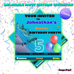 Kids Inflatables Party Invitation Template | Bounce House Birthday Invite | Editable Canva Design | Printable Jump Party Invitation Download