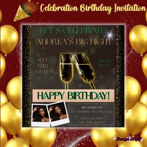 Elegant Gold Birthday Invitation Template | Editable Canva Birthday Party Flyer | Champagne Invite | Glam Birthday Celebration Design