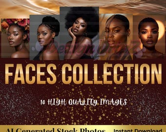 Könnte beinhalten: Digitales Kunstbild mit fünf Porträts schwarzer Frauen. Der goldene Text lautet "FACES COLLECTION", darunter "10 HIGH QUALITY IMAGES" und "AI Generated Stock Photos". Der Hintergrund ist dunkelrot und goldfarben.