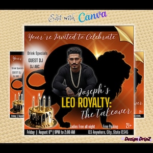 Leo Birthday Party Flyer Template | Zodiac Club Event Invitation | Editable Takeover Flyer | Gold Black Leo Season Bash Canva Template