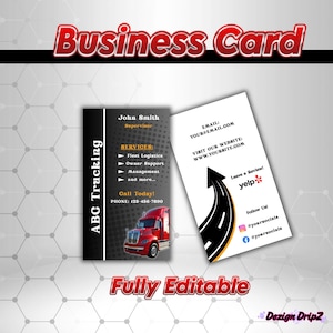 May include: Business card design for ABC Trucking. The card features a red semi-truck graphic, contact information, and a list of services. The reverse side includes a website address, email, and social media handles.