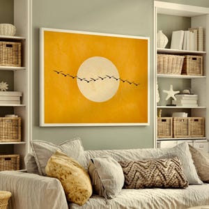 Flying Birds Japandi Style Print Yellow White Bird Printable Digital Download Elegant Living Room Japanese Wall Art Vintage Style Artwork