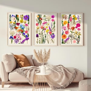 Botanical Flower Wall Art Set of 3 Prints Boho Botanical Prints Floral Print Set Botanical Wall Art Wildflowers Prints Digital Download