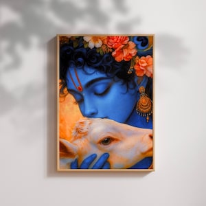 Krishna Wall Art Meditative Lord Krishna with calf Spiritual Poster of Hindu God Little Krishna Art for Living Room Decor Art Indian Print