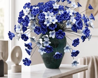 Handmade Blue Ceramic Flowers, Artisan Pottery Floral Decor