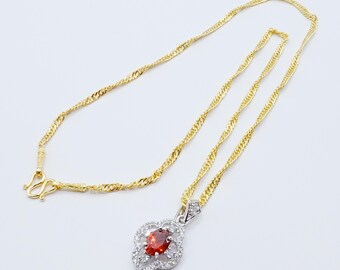ネックレス＆美しいペンダント CZ ダイヤモンド レッド ジェムストーン 18インチ 24K イエローゴールドメッキ レディース ジュエリー