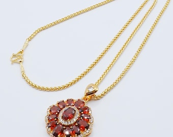 ネックレス＆美しいペンダント CZ ダイヤモンド レッド ジェムストーン 20インチ 24K イエローゴールドメッキ レディース ジュエリー