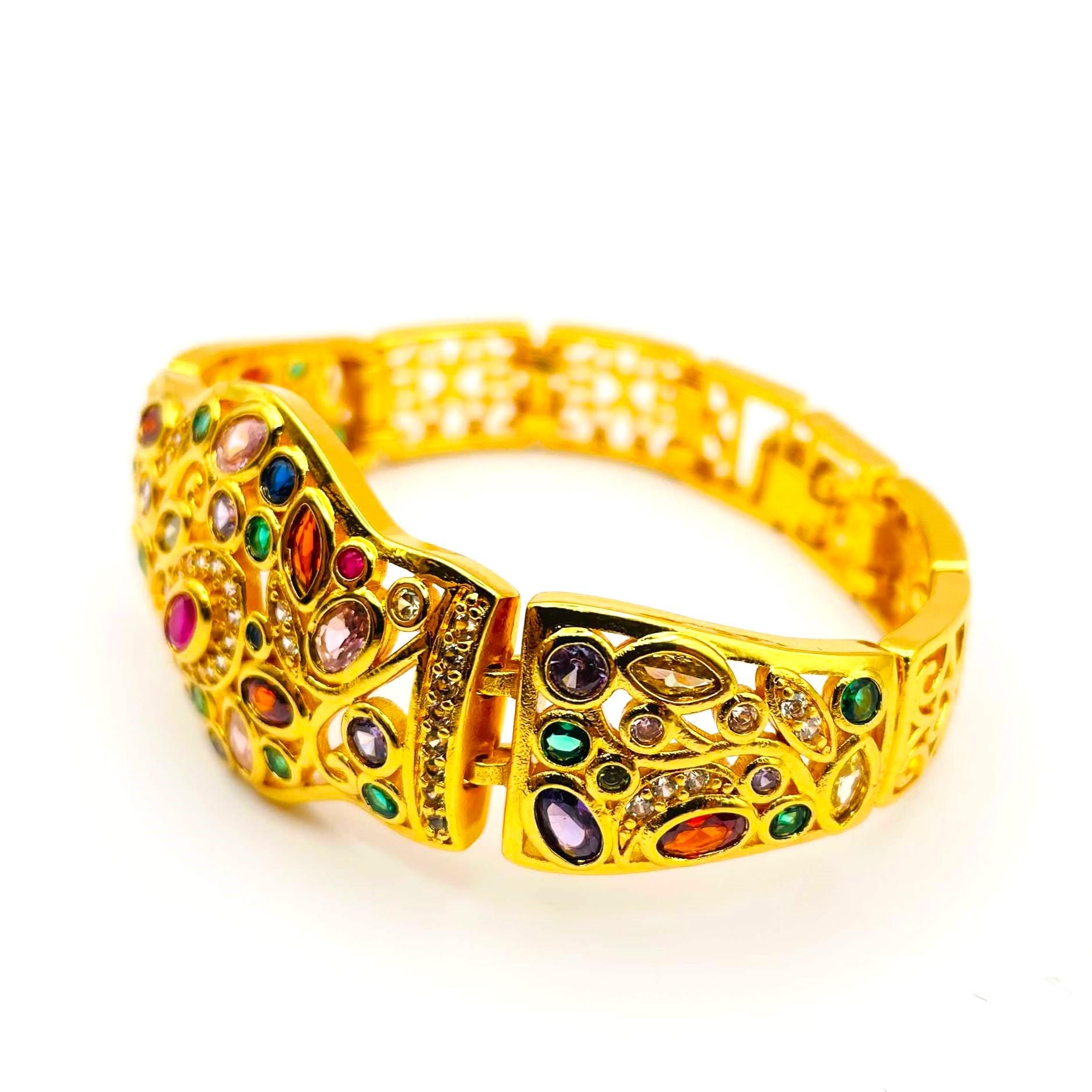 バングルブレスレット 美しいマルチカラーの宝石 24Kイエローゴールド