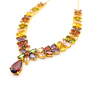 Necklace & Charm Multi-Color Gemstone 18&quot; 24K Yellow Gold Plated Women Jewelry