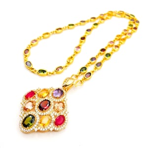 Necklace & Pendant Multi-Color Gemstone 24&quot; 24K Yellow Gold Plated Women Jewelry