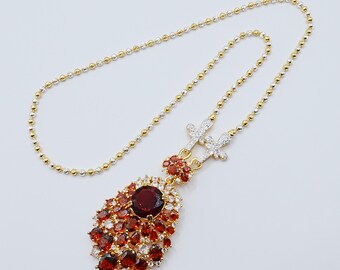 ネックレス＆美しいペンダント CZ ダイヤモンド レッド ジェムストーン 20インチ 24K イエローゴールドメッキ レディース ジュエリー