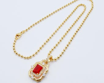 ネックレス＆美しいペンダント CZ ダイヤモンド レッド ジェムストーン 18インチ 24K イエローゴールドメッキ レディース ジュエリー