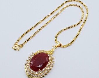 ネックレス＆美しいペンダント CZ ダイヤモンド レッド ジェムストーン 18インチ 24K イエローゴールドメッキ レディース ジュエリー