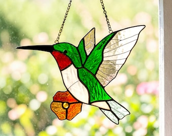Stained Glass Hummingbird Suncatcher – Handmade Garden Decor, Plant Stake