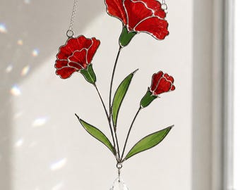 Stained Glass Carnation Suncatcher, Red Flower Art Decor, Crystal Prism Rainbow Maker