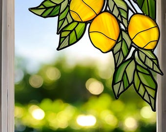 Yellow Lemon REAL Stained Glass Window Hanging Corner – Vibrant Yellow Fruit Suncatcher Decor for Vineyard Kitchen, Garden, or Gift
