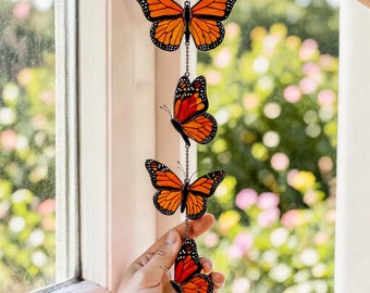 Real Stained Glass Monarch Butterfly Suncatcher, Vibrant Nature Art Window Hanging