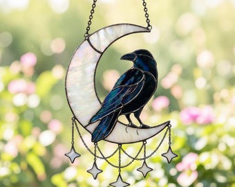 Stained Glass Raven Moon Suncatcher, Iridescent Celestial Window Hanging, Gothic Home Decor