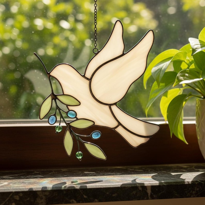 Stained Glass Dove Suncatcher With Olive Branch, Handcrafted Peace Bird ...
