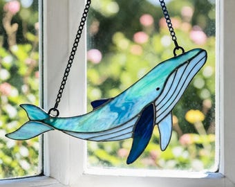 Stained Glass Whale Suncatcher, Blue Ocean Window Hanging, Sea Creature Art
