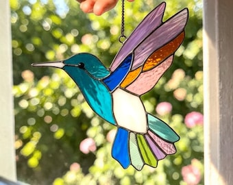 Stained Glass Rainbow Hummingbird Suncatcher, Colorful Bird Window Hanging Art Ornament