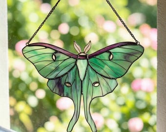 Handcrafted Stained Glass Luna Moth Suncatcher – Green Purple Insect Window Art