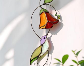 Hummingbird Stained Glass Suncatcher, Vibrant Flower Window Hanging, Nature Inspired Decor