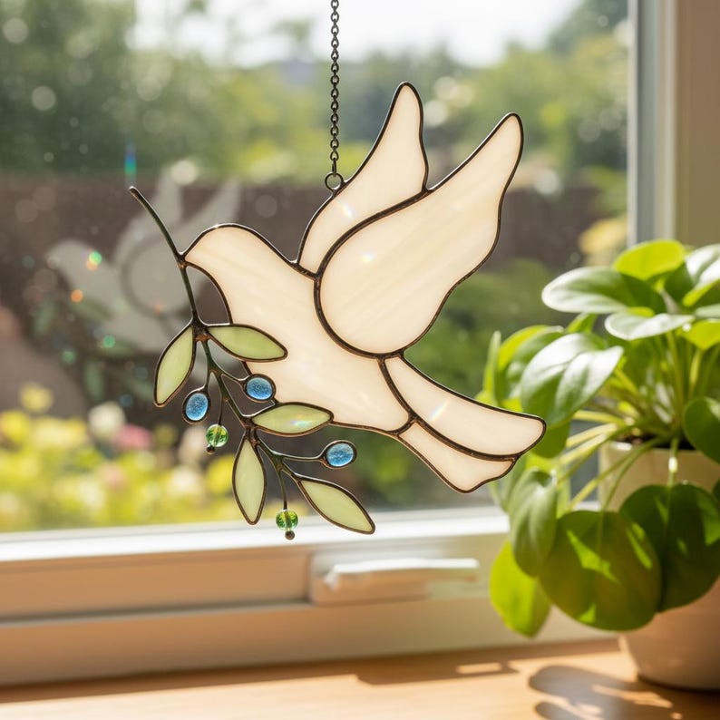 Stained Glass Dove Suncatcher With Olive Branch, Handcrafted Peace Bird ...