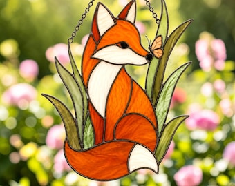 Stained Glass Fox Suncatcher, Woodland Animal Window Hanging, Nature Art Decor, Fox Butterfly Ornament