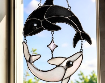 Handmade Stained Glass Orca Whale Suncatcher | Coastal Ocean Art Window Hanging
