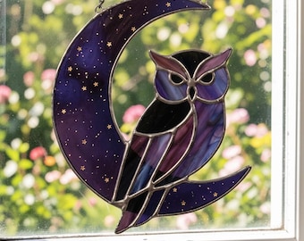 Whimsigoth Celestial Moon Stained Glass Owl Suncatcher - Mystical Night Sky Window Art Decor