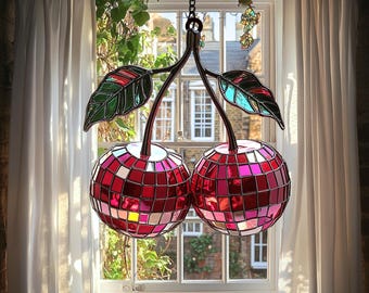 Kirschmosaik-Disco-Faux-Buntglas-Acryl-Sonnenfänger, Retro- Disco-Kugel-Frucht-Fenster-hängend, helles Küchen-Dekor, Spaß-Sommerfest-Geschenk